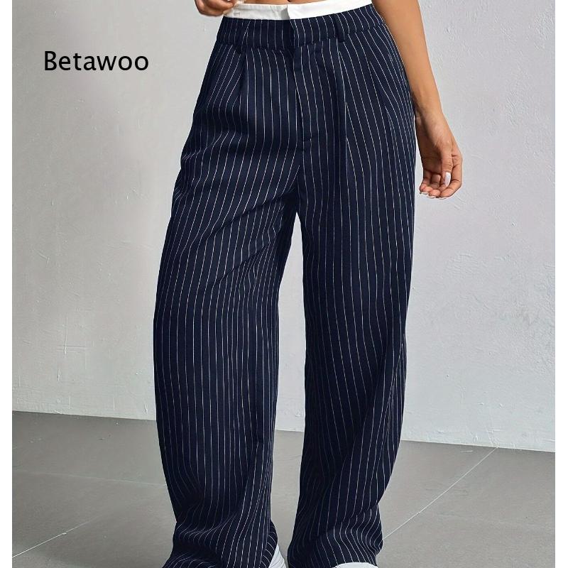 Vertical Leg Press - Two-Tone Midwaist Vertical Stripe Wide Leg